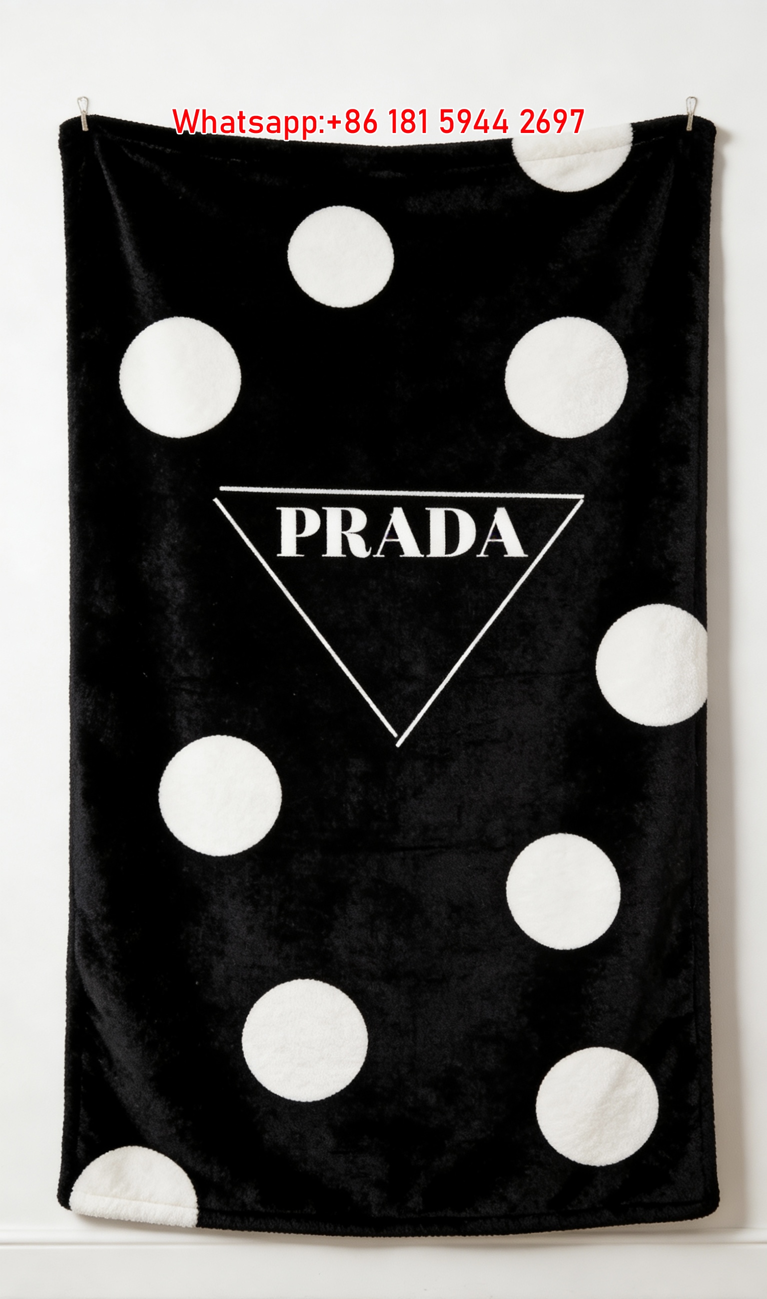 Prada Black White Polka Dot Plush Throw Blanket Premium Velvet Blanket With Prada Logo Print Luxury IMG_2750